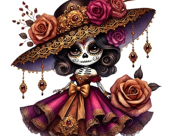 La Catrina PNG: Día de Muertos, Clip art de calavera de azúcar (Descarga digital)