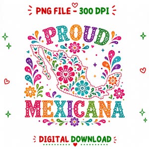 May include: A digital graphic design featuring the text PROUD MEXICANA in colourful, patterned letters. The centre displays a map of Mexico filled with intricate floral and paisley motifs in vibrant shades of pink, orange, blue, and green.