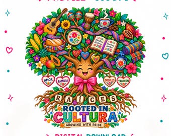 May include: A digital illustration of a smiling tree with a pink bow, featuring hanging heart tags labeled AMOR, FAMILIA, ORGULLO, and TRADICIÓN. The tree holds a guitar, maracas, drum, coffee, book, and fruit. Text reads PNG FILE - 300 DPI, RAÍCES ROOTED IN CULTURA, GROWING WITH PRIDE, and DIGITAL DOWNLOAD.