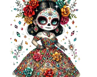 May include: A colorful Day of the Dead sugar skull girl wearing a jeweled crown and dress with floral accents.