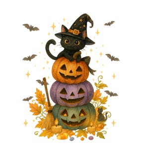 Watercolor Halloween Cat PNG: Witch Clipart, Pumpkins (Digital Download)