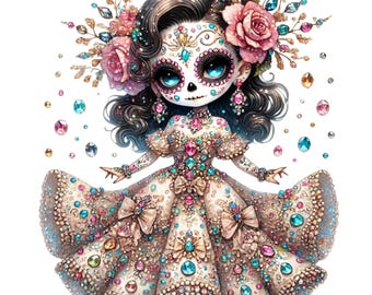 May include: A sugar skull girl with blue eyes and a white dress covered in colorful jewels. She is wearing a flower crown with pink roses and has a white background.