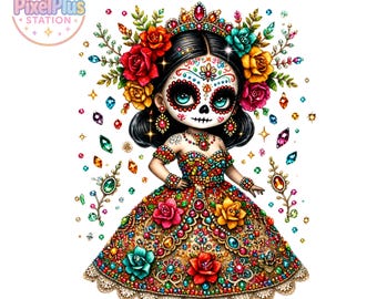 Op de afbeelding: Een digitale illustratie van een personage met sugar skull-gezichtsbeschildering, een kroon en een jurk versierd met kleurrijke juwelen en bloemmotieven. Het personage heeft zwart haar, grote groenblauwe ogen en is omringd door zwevende edelstenen.