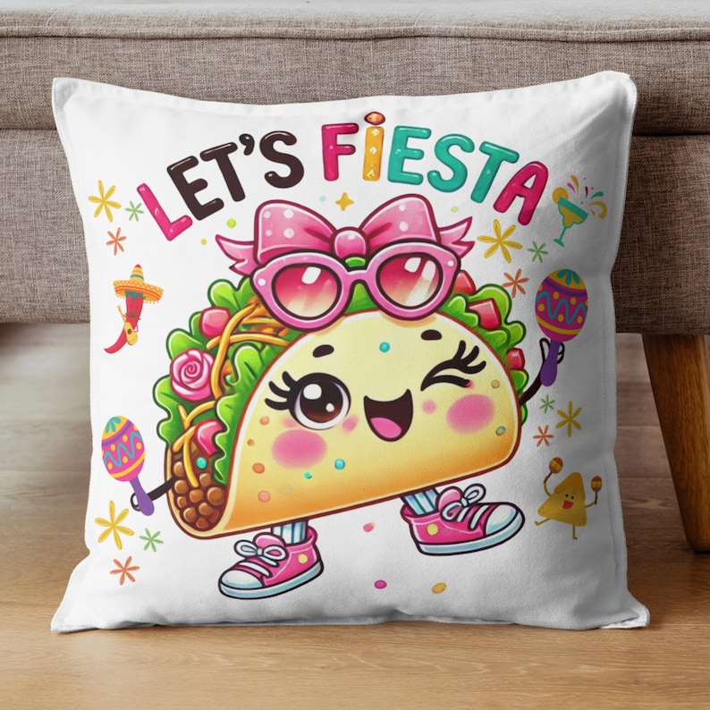 Cute kawaii taco character wearing pink sunglasses and bow holding colorful maracas with “Lets Fiesta” text above, festive Cinco de Mayo themed illustration with confetti, flowers and party elements, vibrant cartoon style design centered on transparent background for sublimation shirts, stickers, tumblers and fiesta party decorations.