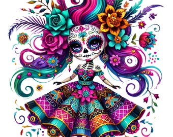 May include: A colorful illustration of a sugar skull doll with vibrant hair and floral decorations. The doll wears a patterned dress with a wide skirt, and the face is painted with intricate sugar skull designs. The overall theme is Day of the Dead.