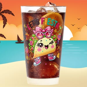 Cute kawaii taco character wearing pink sunglasses and bow holding colorful maracas with “Lets Fiesta” text above, festive Cinco de Mayo themed illustration with confetti, flowers and party elements, vibrant cartoon style design centered on transparent background for sublimation shirts, stickers, tumblers and fiesta party decorations.