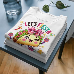 Cute kawaii taco character wearing pink sunglasses and bow holding colorful maracas with “Lets Fiesta” text above, festive Cinco de Mayo themed illustration with confetti, flowers and party elements, vibrant cartoon style design centered on transparent background for sublimation shirts, stickers, tumblers and fiesta party decorations.