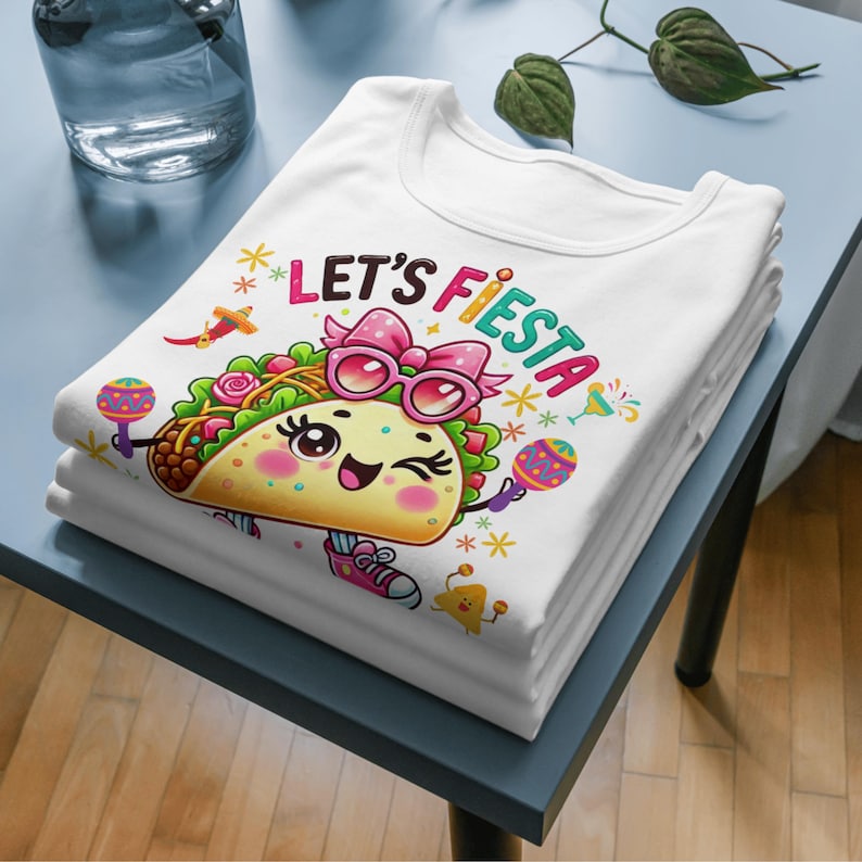 Cute kawaii taco character wearing pink sunglasses and bow holding colorful maracas with “Lets Fiesta” text above, festive Cinco de Mayo themed illustration with confetti, flowers and party elements, vibrant cartoon style design centered on transparent background for sublimation shirts, stickers, tumblers and fiesta party decorations.