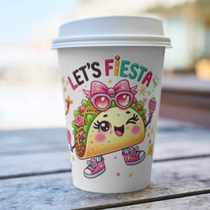 Cute kawaii taco character wearing pink sunglasses and bow holding colorful maracas with “Lets Fiesta” text above, festive Cinco de Mayo themed illustration with confetti, flowers and party elements, vibrant cartoon style design centered on transparent background for sublimation shirts, stickers, tumblers and fiesta party decorations.