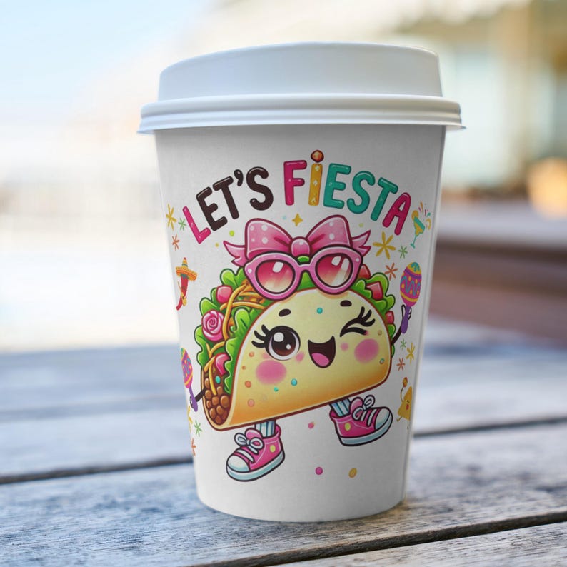 Cute kawaii taco character wearing pink sunglasses and bow holding colorful maracas with “Lets Fiesta” text above, festive Cinco de Mayo themed illustration with confetti, flowers and party elements, vibrant cartoon style design centered on transparent background for sublimation shirts, stickers, tumblers and fiesta party decorations.