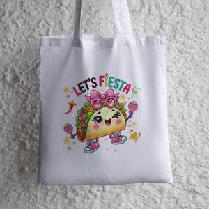 Cute kawaii taco character wearing pink sunglasses and bow holding colorful maracas with “Lets Fiesta” text above, festive Cinco de Mayo themed illustration with confetti, flowers and party elements, vibrant cartoon style design centered on transparent background for sublimation shirts, stickers, tumblers and fiesta party decorations.
