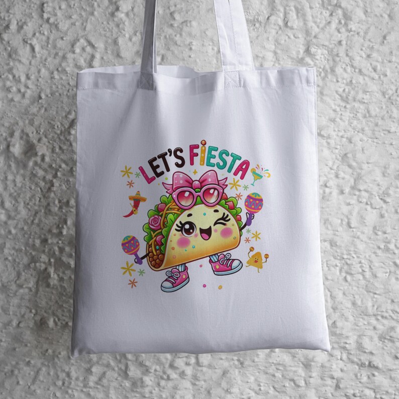 Cute kawaii taco character wearing pink sunglasses and bow holding colorful maracas with “Lets Fiesta” text above, festive Cinco de Mayo themed illustration with confetti, flowers and party elements, vibrant cartoon style design centered on transparent background for sublimation shirts, stickers, tumblers and fiesta party decorations.