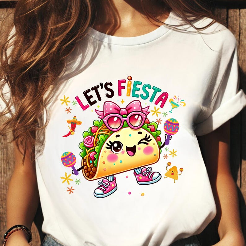 Cute kawaii taco character wearing pink sunglasses and bow holding colorful maracas with “Lets Fiesta” text above, festive Cinco de Mayo themed illustration with confetti, flowers and party elements, vibrant cartoon style design centered on transparent background for sublimation shirts, stickers, tumblers and fiesta party decorations.