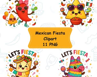 Kawaii Fiesta Clipart Bundle: Taco, Burrito, Piñata PNG (digitaler Download)