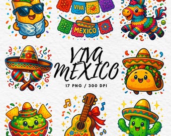 May include: A collection of colorful, cartoon-style illustrations with a Mexican theme. Includes a burrito wearing sunglasses, a piñata, a taco, a bowl of guacamole, a guitar, and a cactus, all with smiling faces. The text "VIVA MEXICO" is also present.