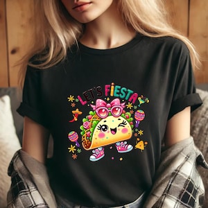 Cute kawaii taco character wearing pink sunglasses and bow holding colorful maracas with “Lets Fiesta” text above, festive Cinco de Mayo themed illustration with confetti, flowers and party elements, vibrant cartoon style design centered on transparent background for sublimation shirts, stickers, tumblers and fiesta party decorations.