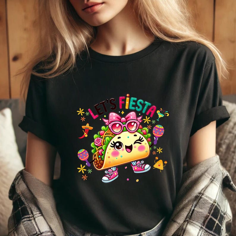 Cute kawaii taco character wearing pink sunglasses and bow holding colorful maracas with “Lets Fiesta” text above, festive Cinco de Mayo themed illustration with confetti, flowers and party elements, vibrant cartoon style design centered on transparent background for sublimation shirts, stickers, tumblers and fiesta party decorations.