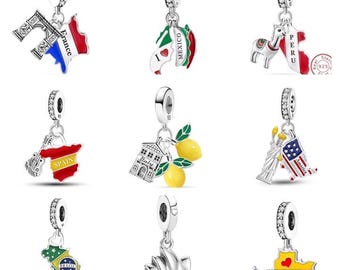 Charms de plata de ley 925 con países del mundo y diseño de maleta de viaje para pulseras europeas.