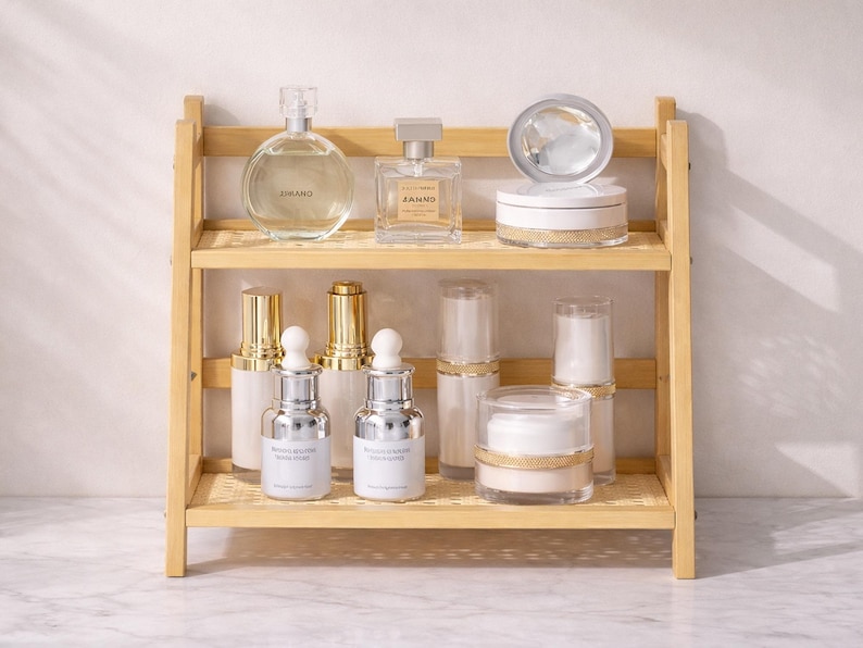 May include: A two-tiered bamboo shelf displays various beauty products. The top shelf holds a round perfume bottle, a rectangular perfume bottle, and a compact. The bottom shelf features serum bottles, and jars of powder and cream.
