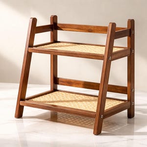 May include: A two-tiered wooden shelf with a warm brown finish. The shelves are made of woven rattan, and the frame has a ladder-like design. The shelf is suitable for displaying items or storage.