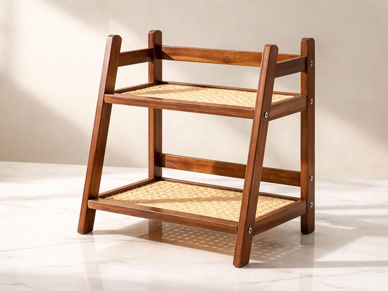 May include: A two-tiered wooden shelf with a warm brown finish. The shelves are made of woven rattan, and the frame has a ladder-like design. The shelf is suitable for displaying items or storage.