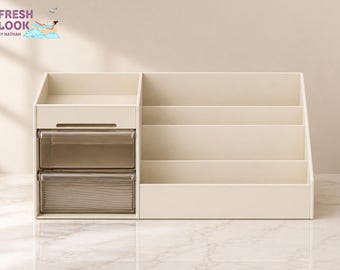 Makeup Organizer Drawer Box | Multi Compartment Storage | Vanity Cosmetic Holder | Bathroom Countertop Space Saver | Skincare Display Stand