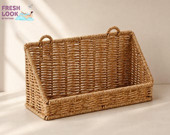 Woven Rattan Wall Basket | Rustic Bathroom Organizer Shelf, Skincare Holder