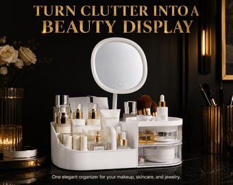 Makeup Storage Box With Mirror | Jewelry and Cosmetics Organizer | Elegant White Vanity Storage Case