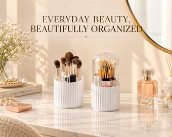 Rotating Makeup Brush Organizer | Clear Cosmetic Storage Holder | Vanity Countertop Organizer | Brush & Lip Product Storage