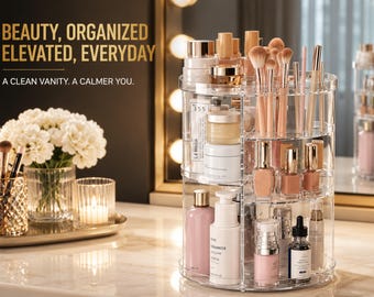 Clear Rotating Makeup Organizer | Cosmetic Display Carousel | Brush Holder Perfume Tray | Vanity Bathroom Countertop Storage