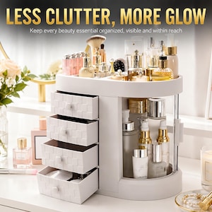 May include: A white cosmetic organiser featuring four stacked drawers with a textured grid pattern on the front and a side compartment with a clear door. The top surface holds various beauty products, including brushes and bottles.