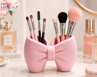 Bow Makeup Brush Holder | Cosmetic Organizer Cup | Pencil And Lipstick Stand | Minimalist Vanity Desk Decor | Gift For Her