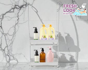 Estante de ducha colgante / Organizador de baño de pared / Estante de almacenamiento de doble capa / Estante para artículos de tocador con orificios de drenaje / Ganchos para lufa
