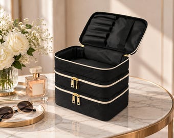 Large Makeup Bag Organizer, Quilted Travel Cosmetic Case, 3 Layer Beauty Storage Bag, Portable Toiletry Organizer, Makeup Gift