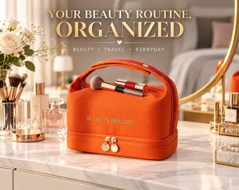 Large Makeup Bag | Double Layer Cosmetic Organizer | Waterproof Canvas Toiletry Case | Travel Beauty Storage with Handle