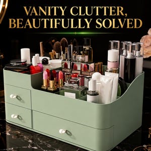 Pode incluir: Um organizador de maquiagem verde sálvia com gavetas e compartimentos, cheio de cosméticos, pincéis e produtos para a pele. O texto "VANITY CLUTTER, BEAUTIFULLY SOLVED" é exibido acima. Uma vela e um vaso de flores estão no fundo.