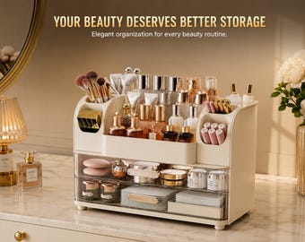 Large Makeup Organizer with Drawers | Vanity Cosmetic Storage Box | Skincare Display Organizer | Beauty Countertop Organizer
