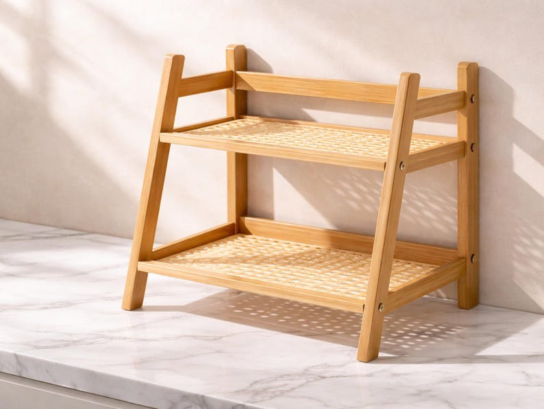 May include: A two-tiered, light brown bamboo shelf with woven rattan shelves. The shelf has a rectangular shape with angled side supports and is designed for storage or display. The shelf is placed on a white marble surface.