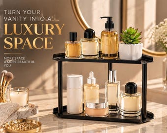 2 Tier Corner Organizer | Black Metal Vanity Shelf | Skincare Makeup Storage Rack | Perfume Display Stand | Bathroom Countertop Organizer