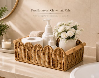 Scalloped Woven Storage Basket With Wooden Handles | Paper Rope Bathroom Organizer | Toilet Paper Holder Bin