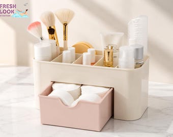 Makeup Organizer with Drawer | Vanity Countertop Storage | Cotton Pad Holder | Brush & Skincare Desktop Caddy