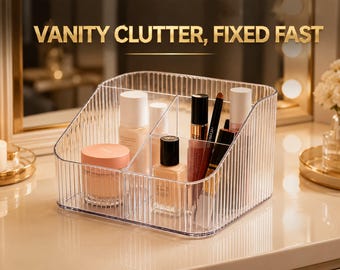 Clear Makeup Organizer | Ribbed Cosmetic Storage Box | Vanity Counter Holder | Skincare Brush Lipstick Desk Organizer