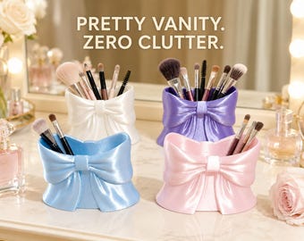 Organizador de brochas de maquillaje con forma de lazo / Decoración de tocador en tonos pastel / Vaso para brochas de cosméticos / Regalo de almacenamiento de belleza coqueto