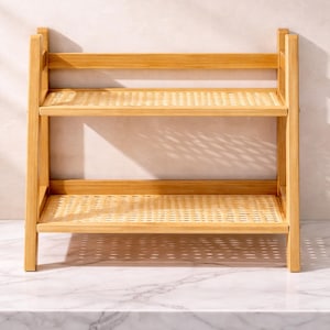 May include: A two-tiered, light-brown wooden shelf with woven rattan shelves. The shelf has a rectangular frame and is designed for storage or display. The natural wood grain and woven texture create a warm, inviting aesthetic.