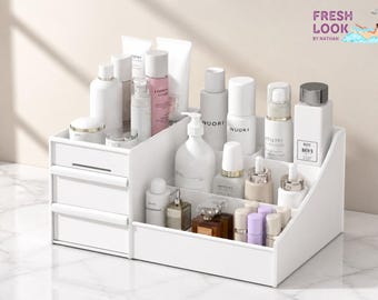 Plastic Makeup Organizer Box | Multi-Layer Drawer Design | Skincare Vanity Storage | Space Saving Cosmetic Display | Modern Bathroom Item