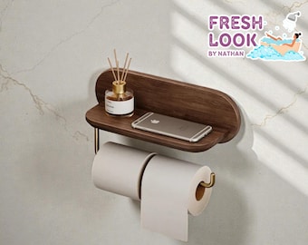 Wall Mounted Wood Toilet Paper Holder with Phone Shelf | Space Saving Bath Decor