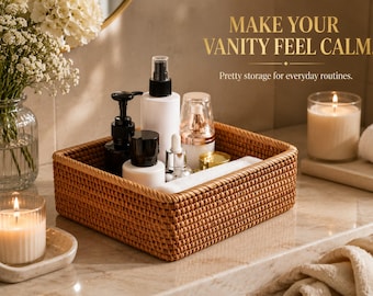 Woven Vanity Storage Basket | Bathroom Counter Organizer | Skincare Holder | Neutral Home Decor Tray | Makeup Storage Bin