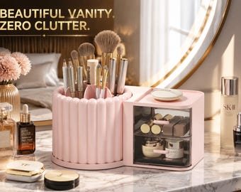Rotating Makeup Organizer Cosmetic Storage Box Large Capacity Vanity Organizer Dustproof Brush Holder Bathroom Counter Storage