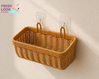 Wall Hanging Storage Basket | Woven Rattan Style Organizer | Bathroom Skincare Toiletry Holder | Space Saving Design | Rustic Home Decor