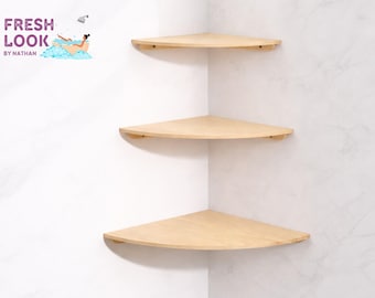 Solid Wood Corner Shelf | Floating Bathroom Storage Organizer, Minimalist Style